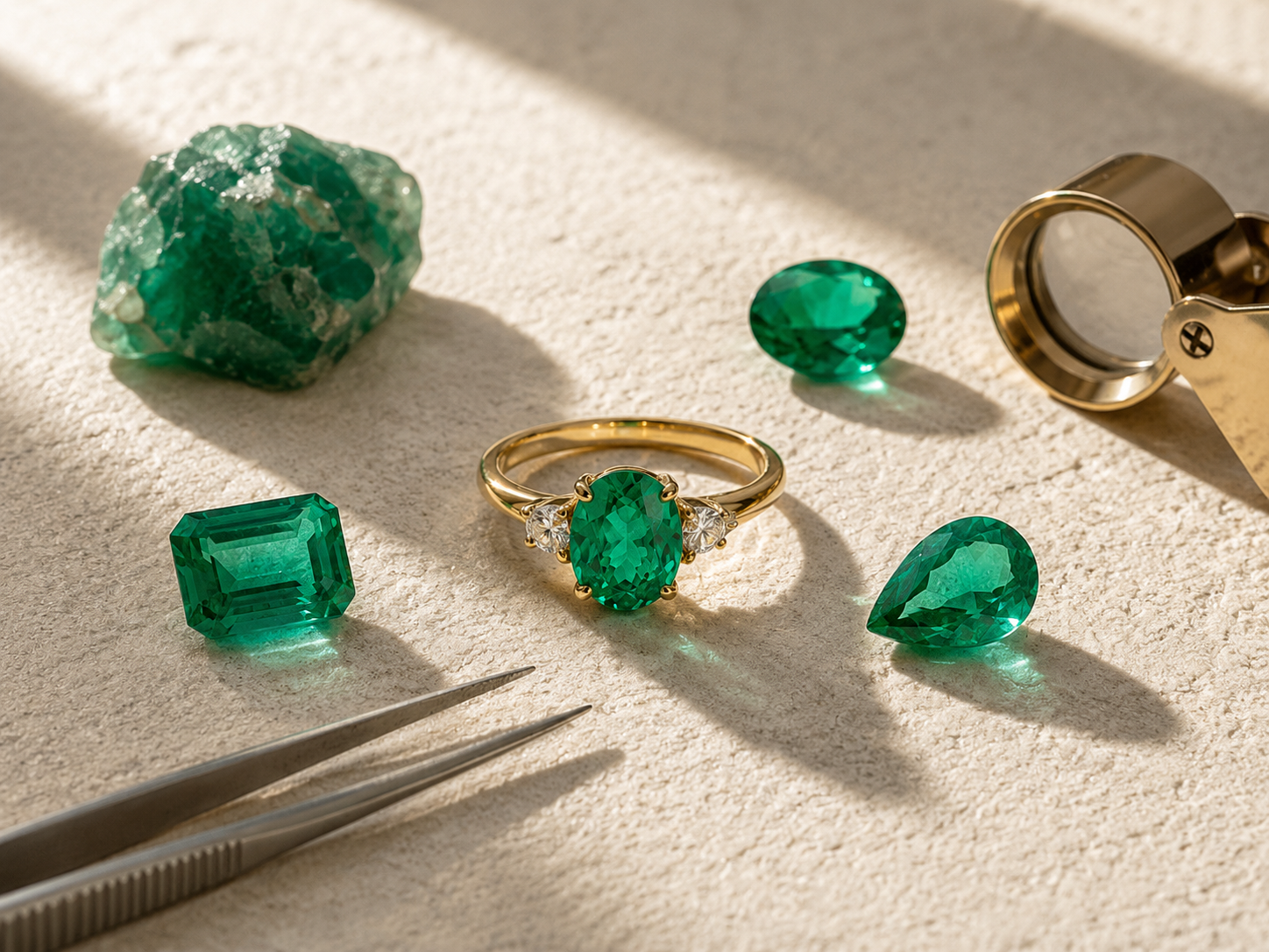 Joia com pedra natural, gemas lapidadas e ferramentas de joalheria